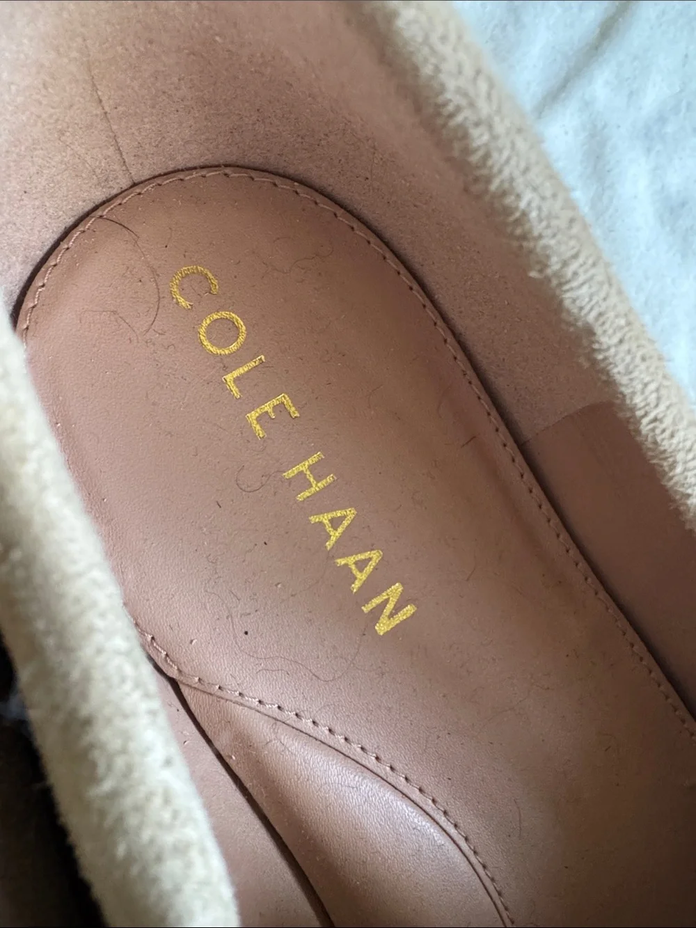 Cole Haan Neutral Taupe Suede Loafers with Glossy Chain